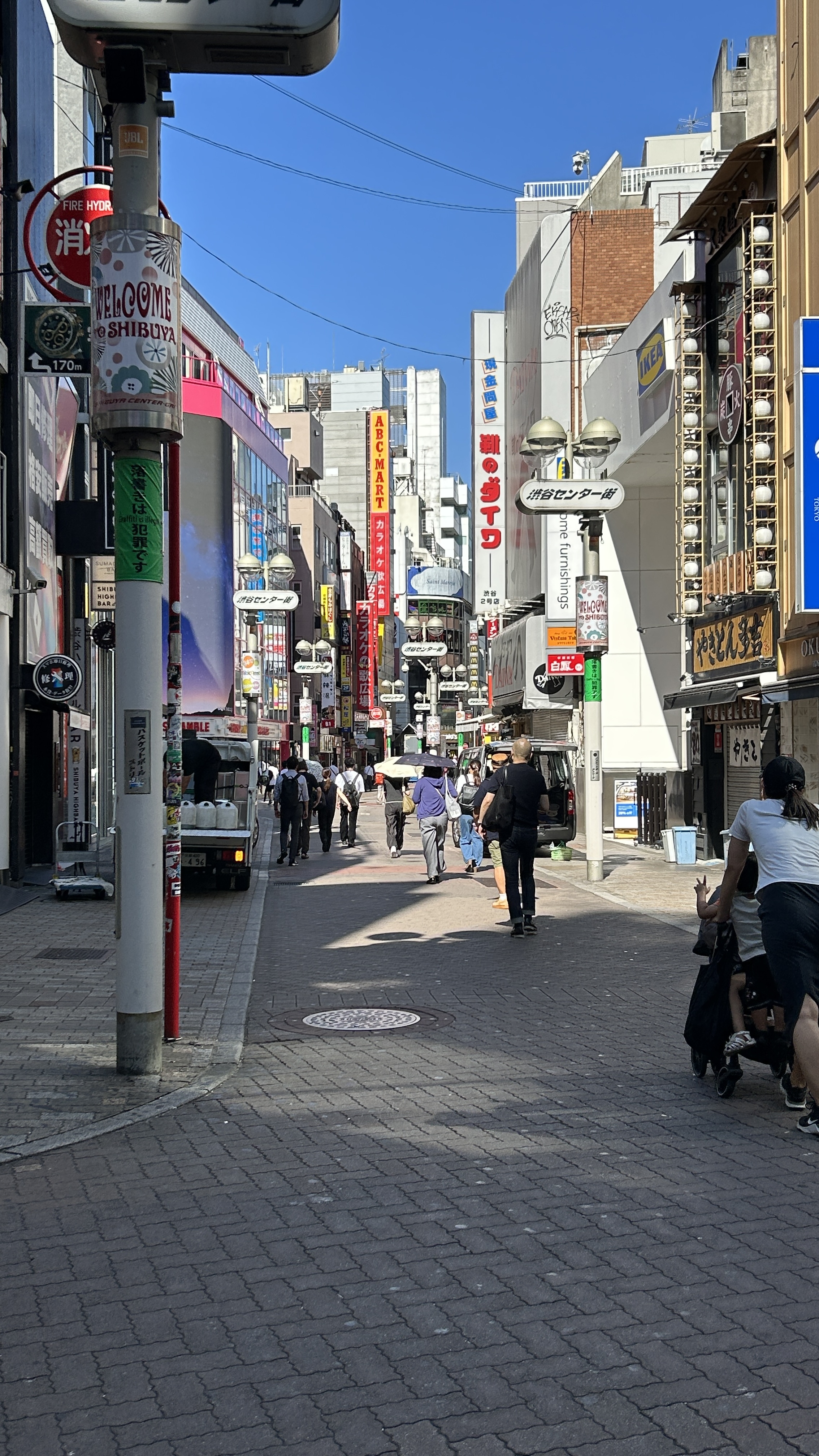 Street in Tokyo with people walking between signs and storefronts